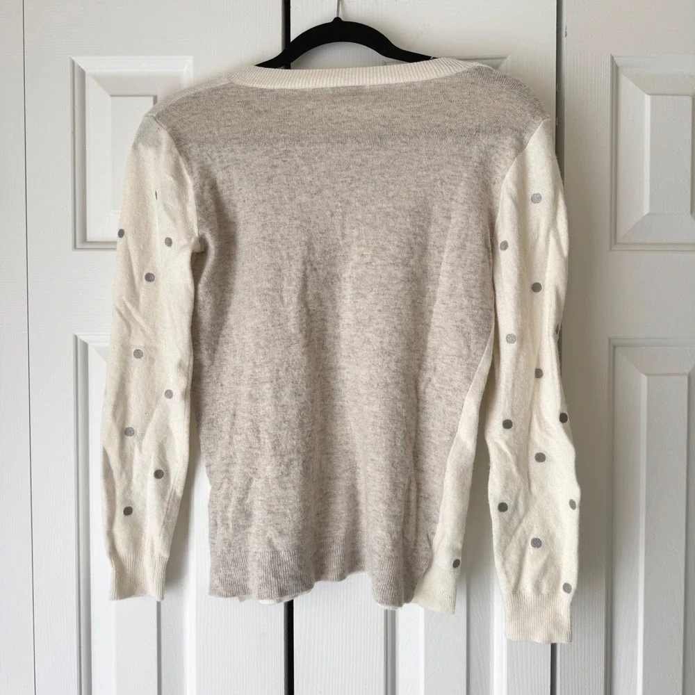 J.Crew Womens V-Neck Sweater Small Cream Grey Polka Dot Colorblock Knit Top